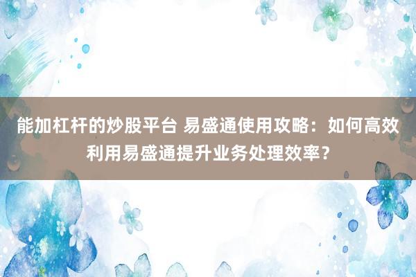能加杠杆的炒股平台 易盛通使用攻略：如何高效利用易盛通提升业务处理效率？